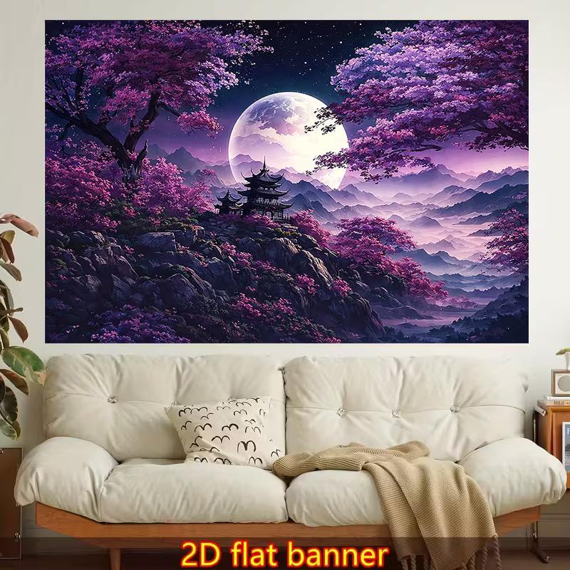 

2D Fantasy Landscape Backdrop, Japanese Temple & Cherry Blossom Wall Decor Banner 47.2x31.5inch/120*80cm