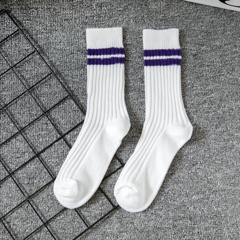 Fall/Winter Men's Double-Stitch Thick Stripes Mid-Calf Socks Men's Trend White Double Stripes Long-Sleeved Cotton Men's Socks