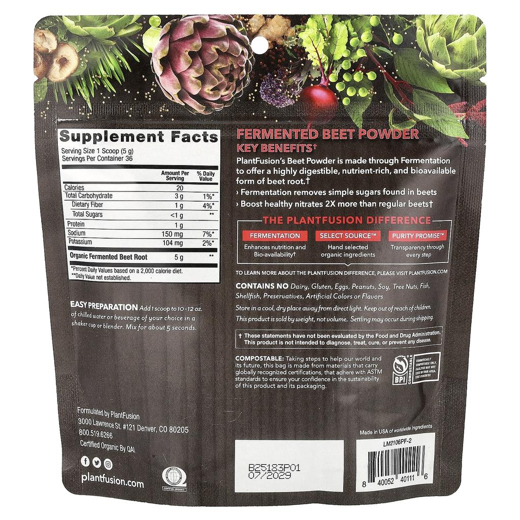 PlantFusion, Organic Fermented Beet Powder, 180g (6.34oz)