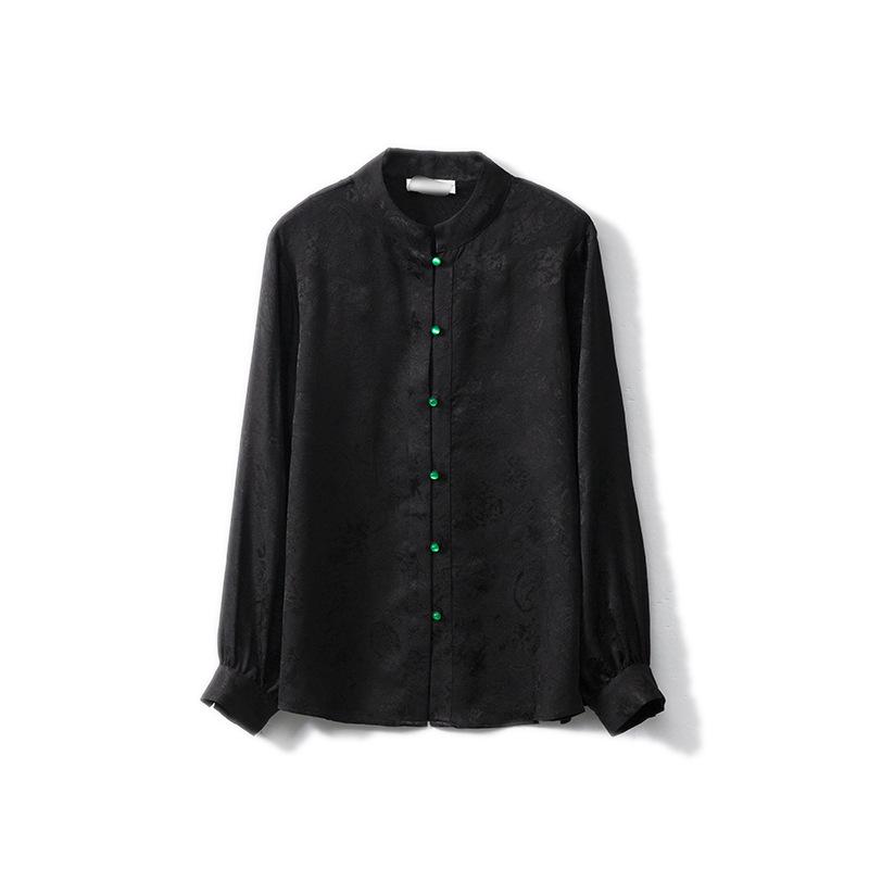 Elegant Silk Jacquard Floral Stand Collar Long-Sleeve Shirt for Women