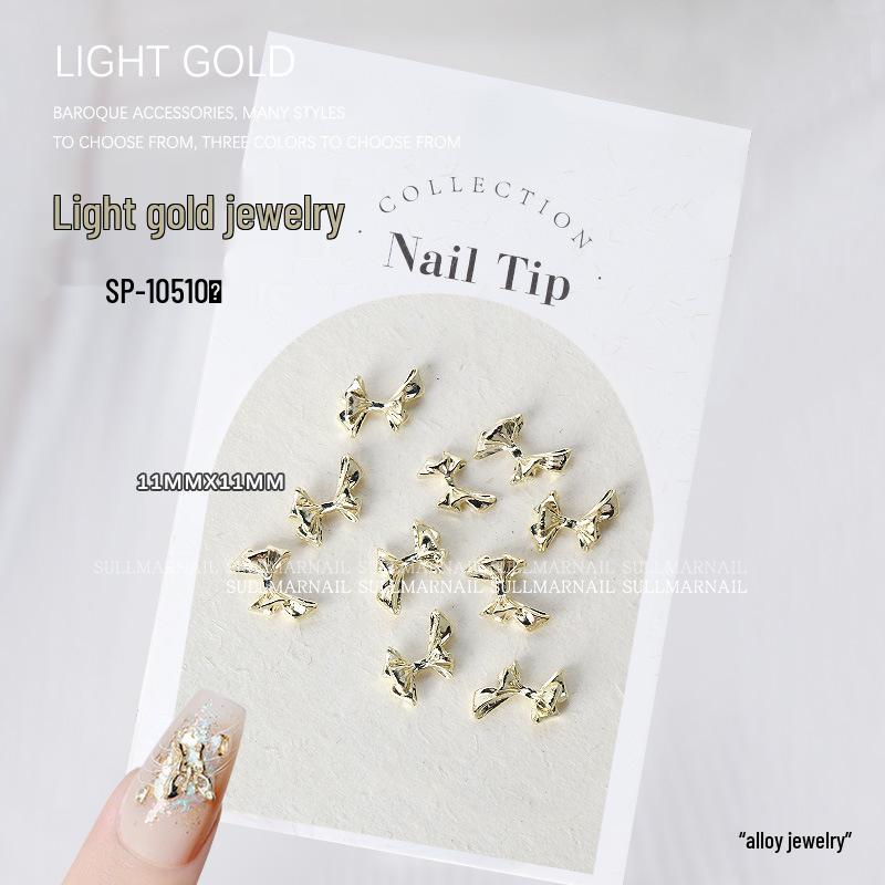 Golden Butterfly 3D Nail Art Set - 10 Pieces of Light Gold Ribbon Bow Decorations
