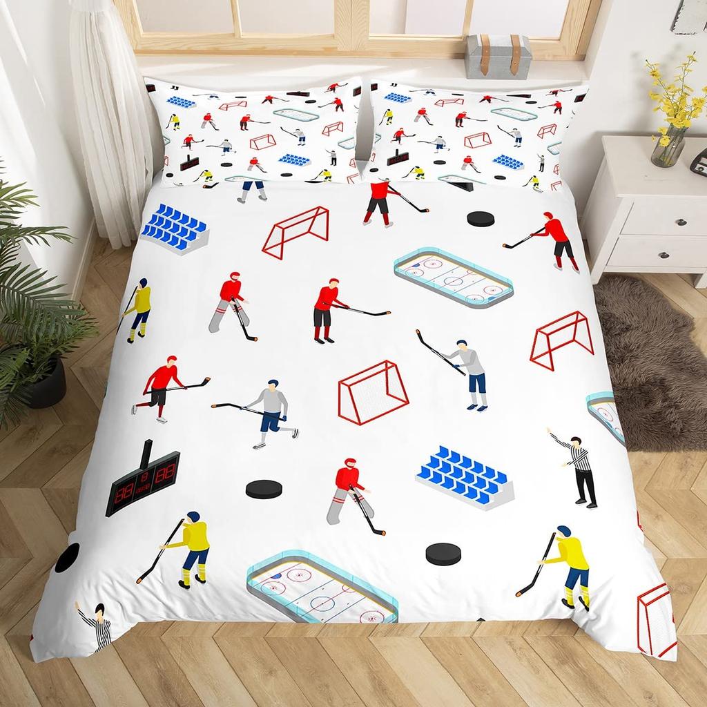 Capa de Edredom Graffiti Hóquei no Gelo Conjunto de Cama Esporte de Inverno Crianças Meninos Jogador de Hóquei Capa de Edredom Aquarela Esportes Capa de Colcha