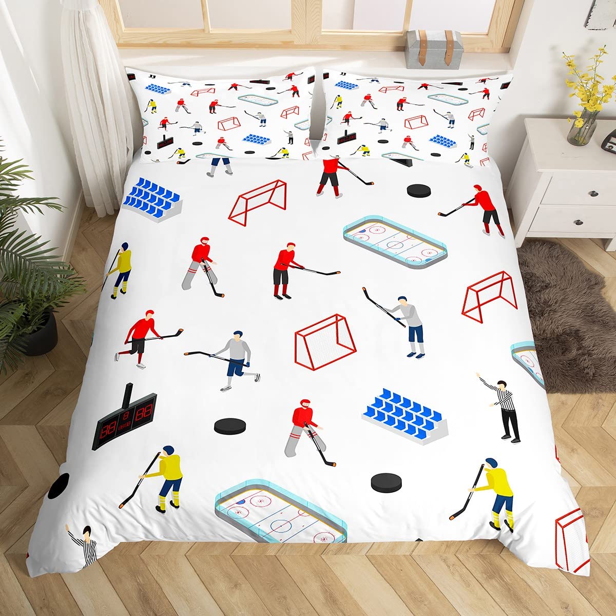 

Graffiti Ice Hockey Duvet Cover Winter Sport Bedding Set Kids Boys Hockey Player Comforter Cover Watercolor Sports Quilt Cover EU SK(260*220cm)3pcs