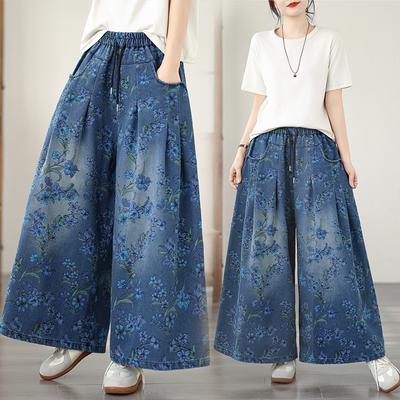 DIMANAF 2026 Zomer Nieuwe Grote Maten Dames Jeans Elastische Taille Lange Broek Losse Casual Denim Katoenen Broek Blauwe Bloemen Broek