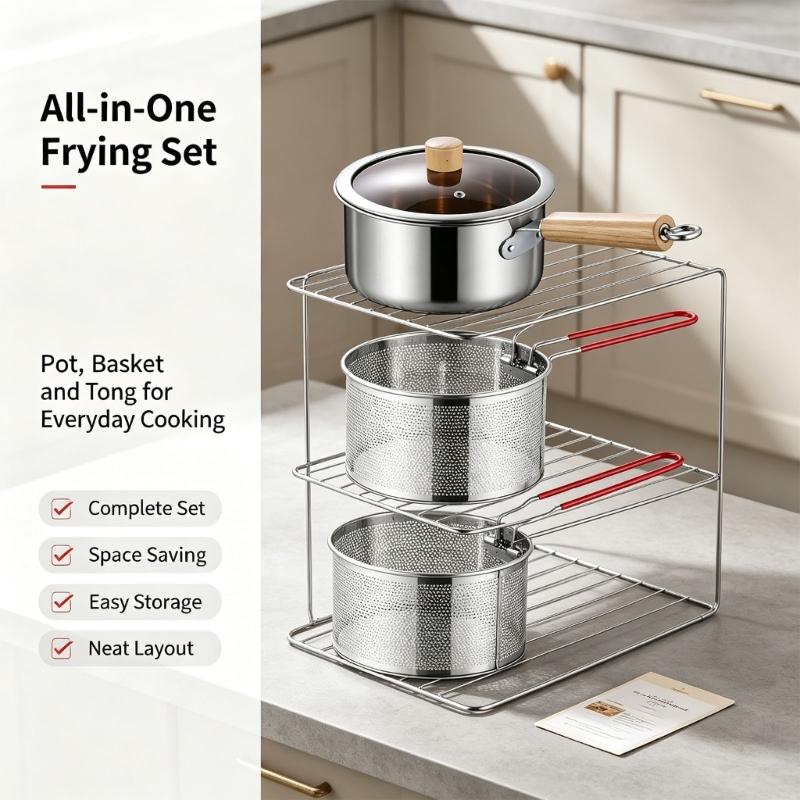 Round Deep-Frying Pot with Formed Body, Perforated Draining Basket, and Food Tongs for Handling Kitchen Recipes from Cooking Through Serving