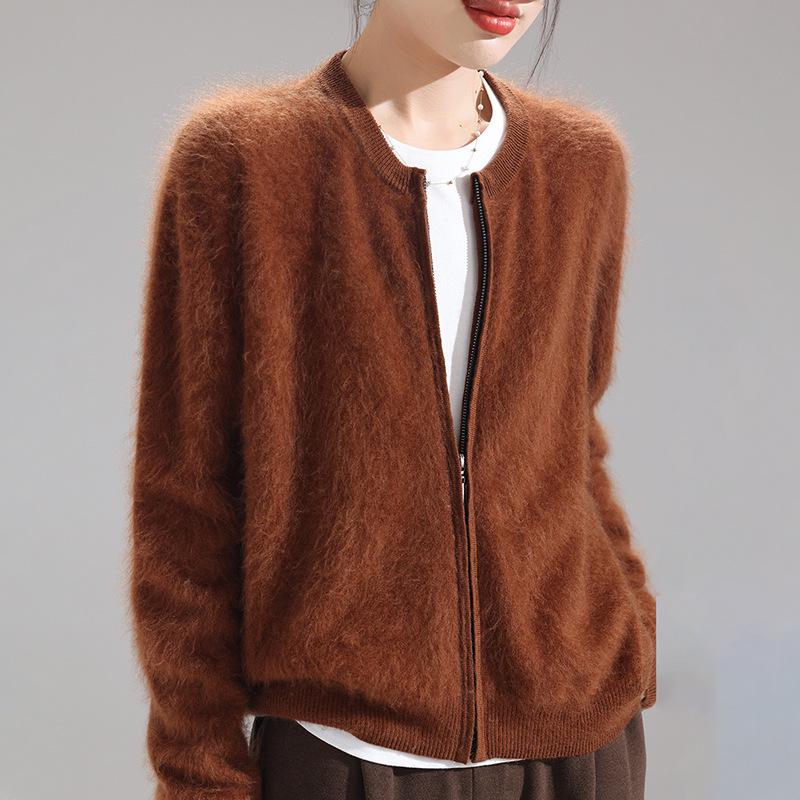 

Women s 100% Wool Brushed Knit Cardigan - Round Neck, Zipper, Solid Color, Loose Long Sleeve, Cashmere Sweater One Size (90-150 Jin)