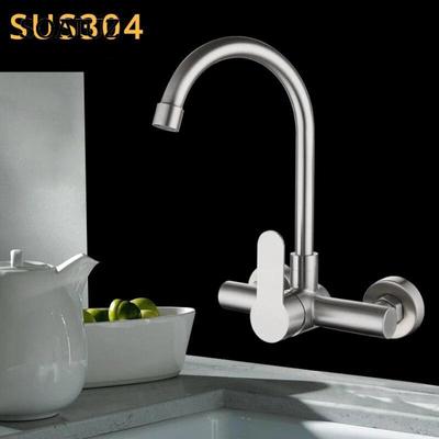 304 Stainless Steel Double Hole Wall Entry Type Kitchen Faucet Cold and Hot Faucet Rotating Hot and Cold Gourmet Faucet Kitchen
