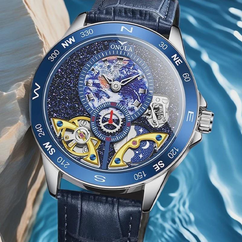 Luxury Double Tourbillon Mechanical Watch Men Business Leather Starry Sky Dial Waterproof Men Automatic Watch