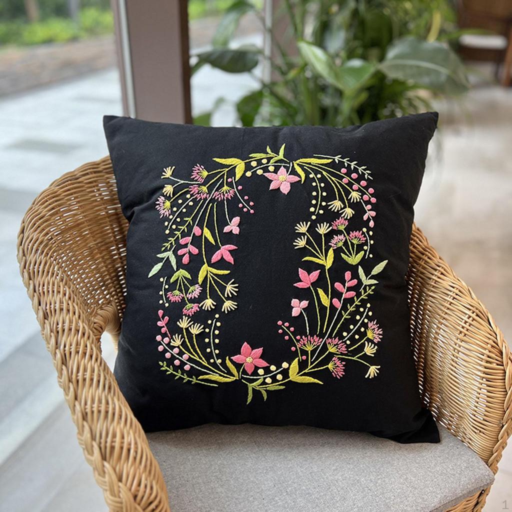 Embroidery Kit for Adults Pillow Cover Gift with Threads Cushion Floral Simple Bedroom