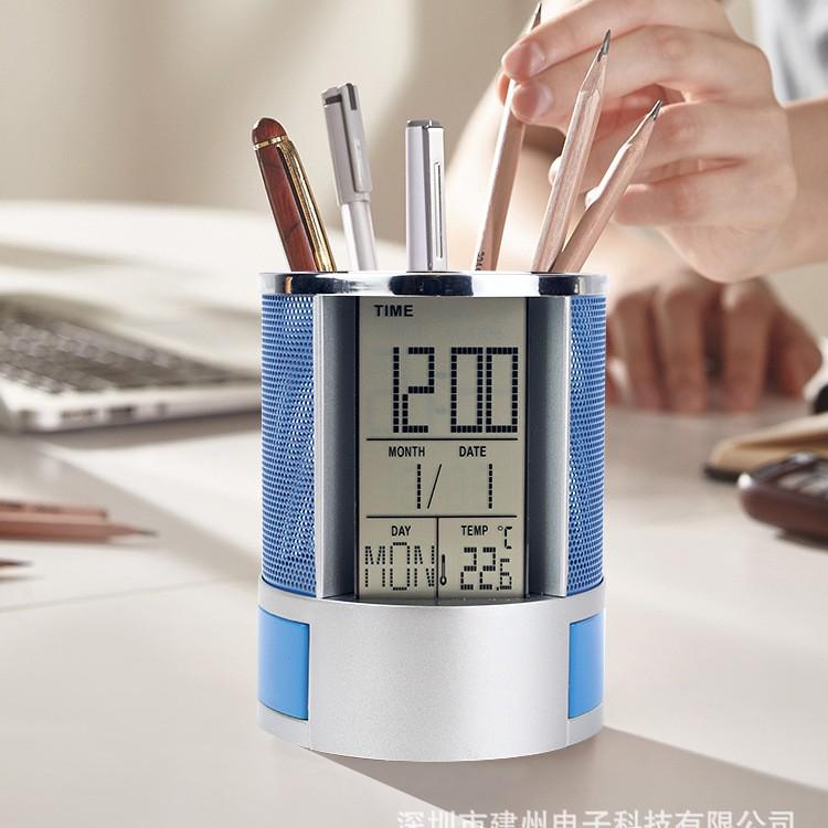 Multifunctional Metal Mesh Perpetual Calendar Pen Holder with Desktop Temperature Clock