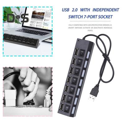 Adaptateur USB 2.0 compact avec 7 ports universels, largement compatible, LED, alimentation haute vitesse, marche/arrêt, station d'accueil répartiteur USB