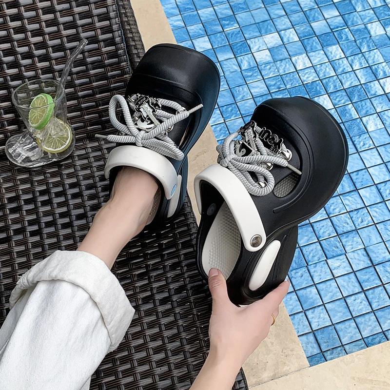 

Fashion 2025 Summer Ultra High Heel Women s Slippers Front Lace-Up Sandals Light Weight Comfy Beach Outdoor Fashion Slippers Hot Selling 36 чёрный