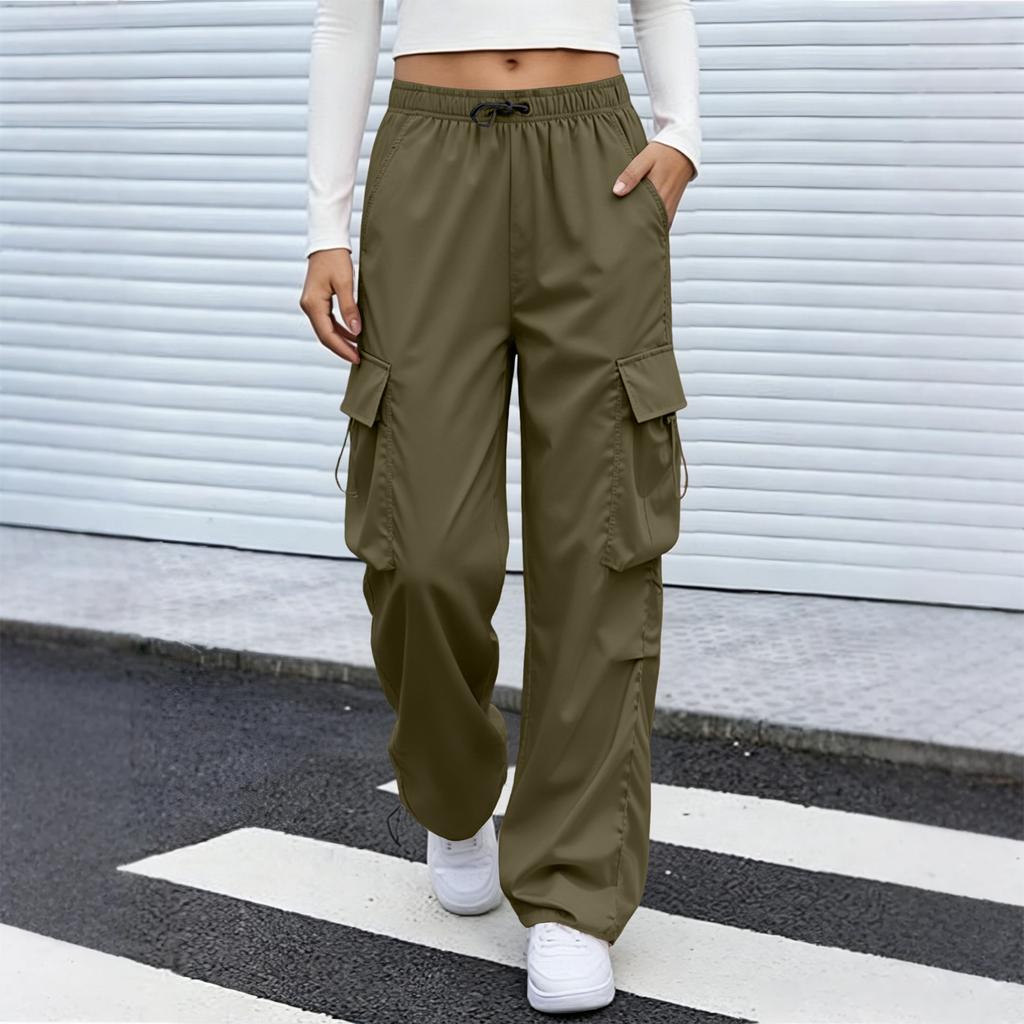 Women's Vintage Straight Leg Cargo Pants Elastic Waistband Drawstring Adjustable Hem Utility Workwear Trousers