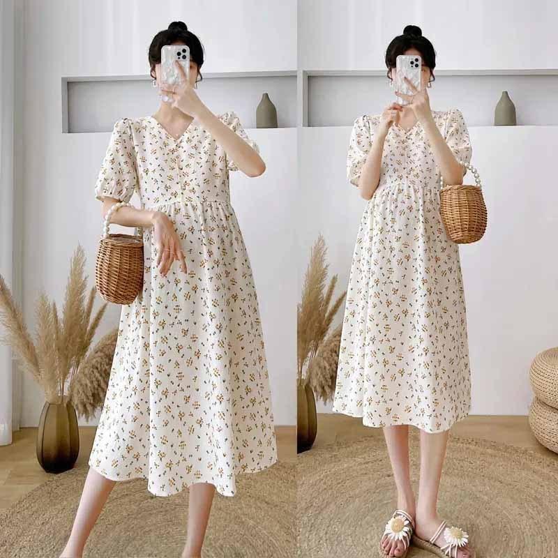 Pregnant women's summer clothes new breastfeeding floral dress to cover the belly and not show off going out short-sleeved dress