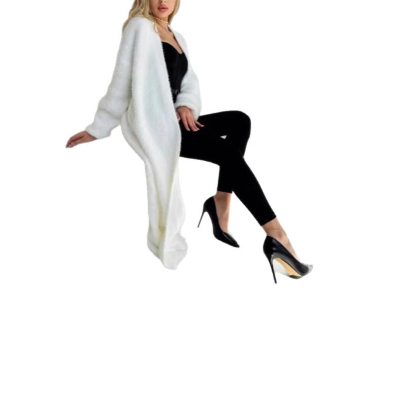 Women's White Long Knitted Over-the-Knee Cardigan - Imitation Mink Velvet