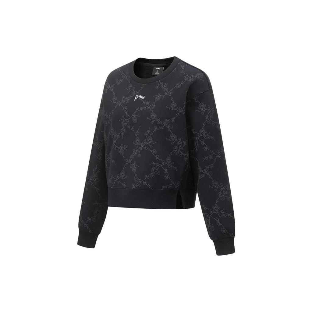 Li Ning Full Print Fleece Warm Antibacterial Loose Pullover Sweatshirt Women sweatshirt Black AWDT792-4