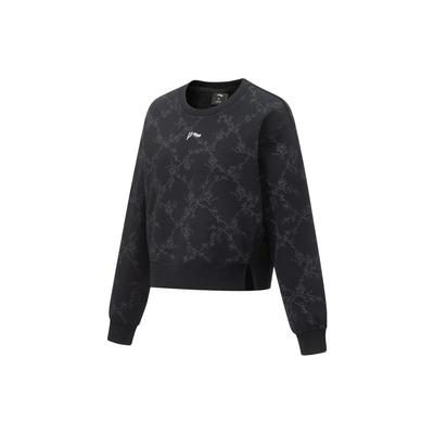 Li Ning Full Print Fleece Warm Antibacterial Loose Pullover Sweatshirt Women Sweatshirt Black AWDT792-4