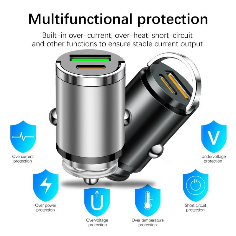 Car Charger 12-24V Automatic Pull Ring Dual Ports PD+USB Fast Charging Type-C QC3.0 Car Charger Auto Cigarette Lighter Adapter