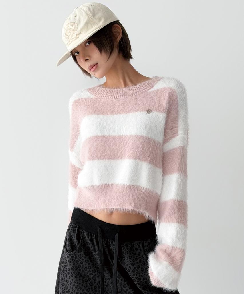 THE GREEN LAB Hairy Block Stripe Crop Knit [Pink]
