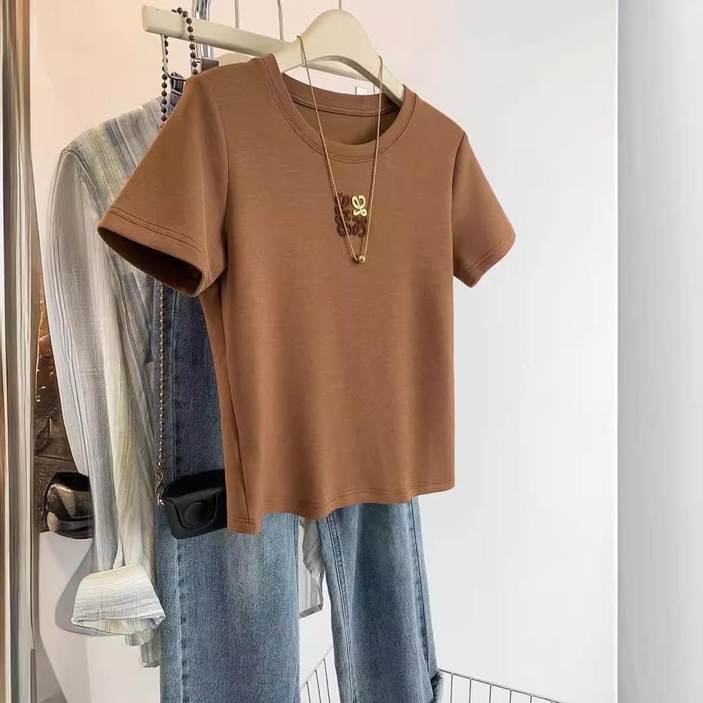 Women's Khaki Short-Sleeve Loose Cotton T-Shirt - Summer 2024 Petite New Design