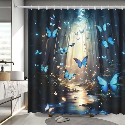 Butterfly Pattern Shower Curtain Blue Waterproof Textile Bathtub Waterproof Shower Curtain with 12 Hooks 180 X 180cm
