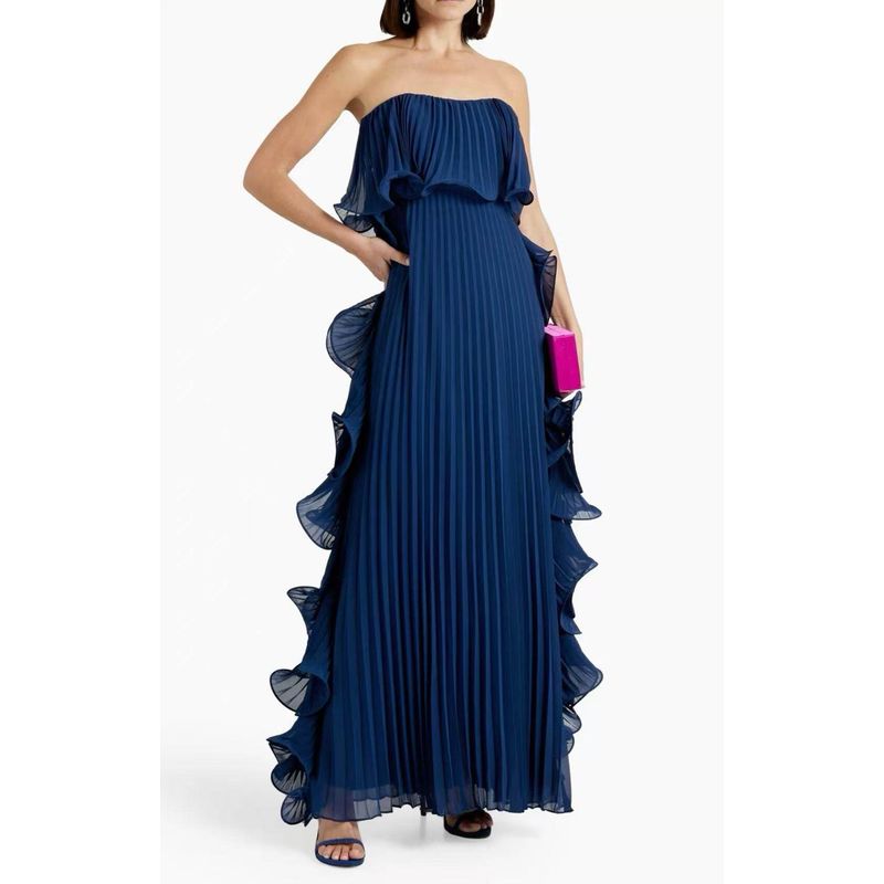 Cross-Border European and American Women s Fashion 2025 Summer New Style Ins-Style Pleated Wrap Chest Flared Dress Navy Blue L