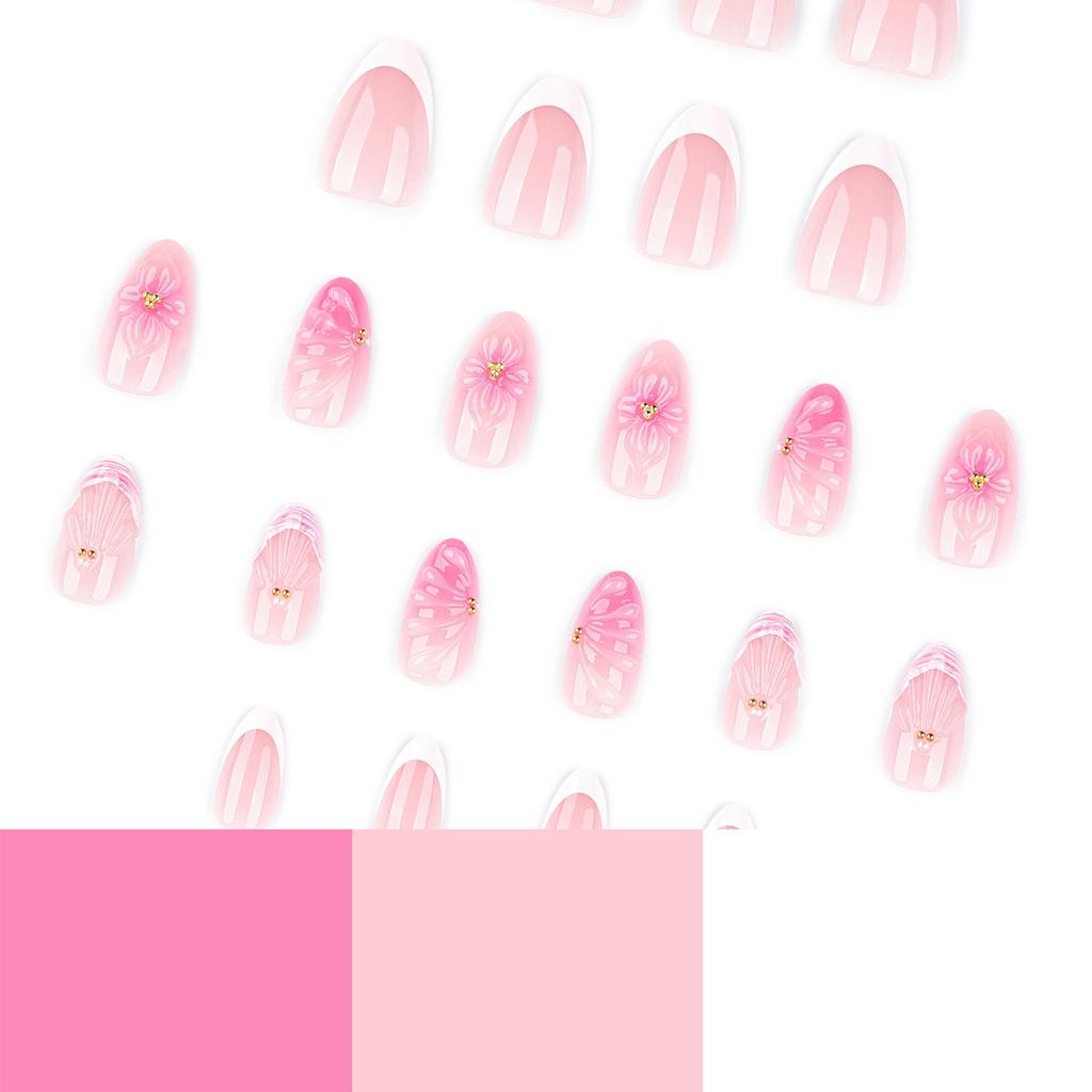 French Almond 3D Flower Press On Nails 24 Pieces Short Length Elegant Design For Wedding Party Daily Use