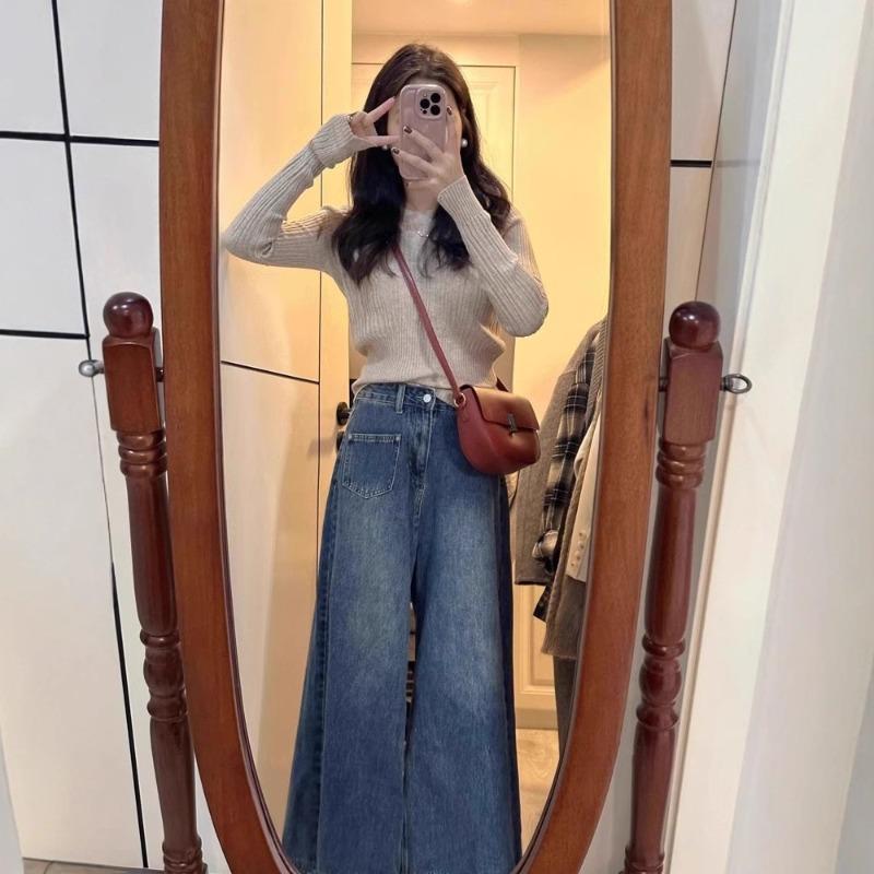 Crew neck black long-sleeved sweater women's autumn and winter high-end design sense pure desire knitted bottoming shirt top