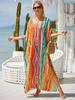 EDOLYNSA Různobarevné Kaftan Bohemian Potištěné Maxi šaty Batwing Sleeve Sleeve Sleeve Women Dámské plážové oblečení Polorukáv Maxi šaty Robe Q1342