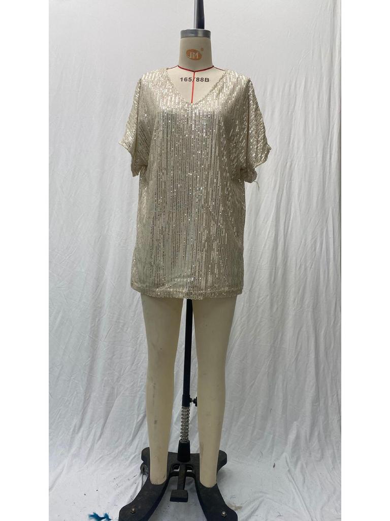 2025 Damski Miejski Casualowy T-shirt z Dekoltem V, Z Cekinami, Luźny Krój, Krótki Rękaw