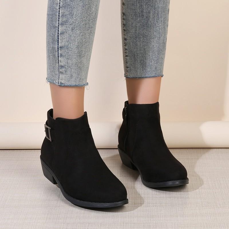 Western Booties Fall Winter New Round Toe Scrub Fleece Side Zip Metal Buckle Soft Sole Block Heel Shoes