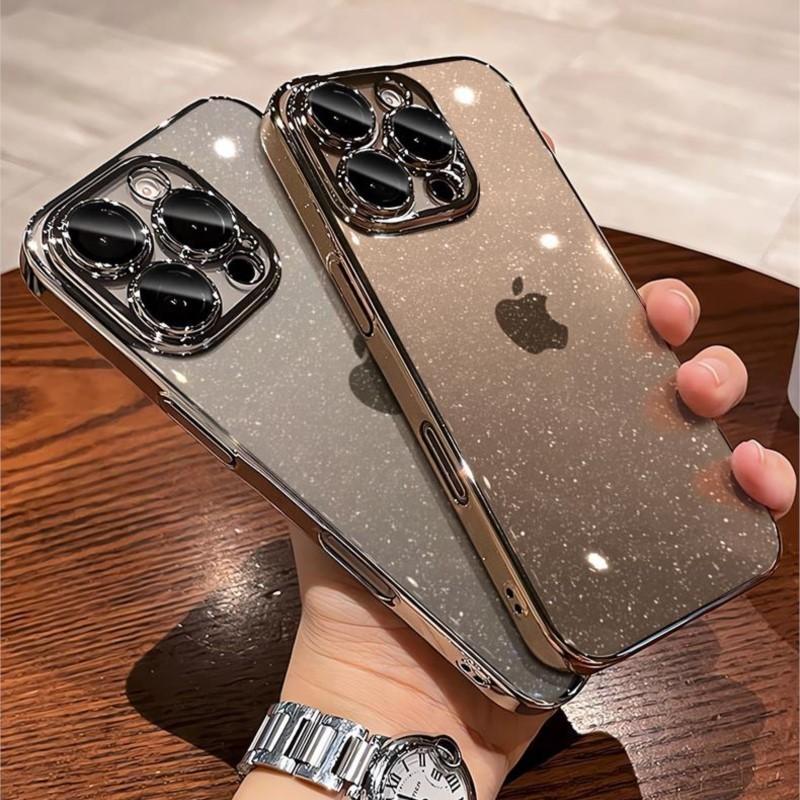 Clear Plating Bling Glitter Case For iPhone 12 13 14 15 16 17 Pro Max Plus Transparent Shockproof Hard Ultra Thin Cover