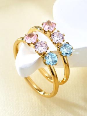 Korean Fashion Simple Personality Light Luxury Stainless Steel Plated 18K Gold With Colored Diamonds Rainbow Ring Female