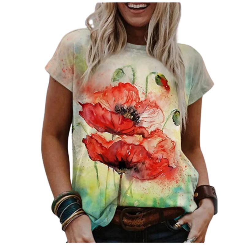 Damen Aquarellmalerei Blumendruck Rundhals Kurzarm T-Shirt