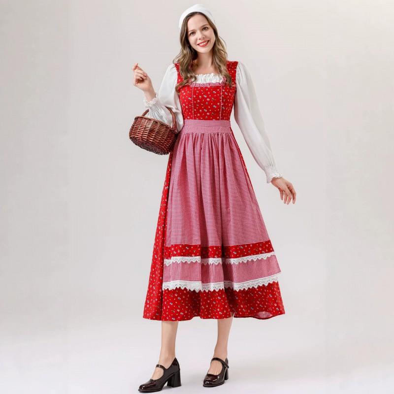 S-XL Halloween Little Red Riding Hood Cosplay Dress Retro Farm Party Costume Women