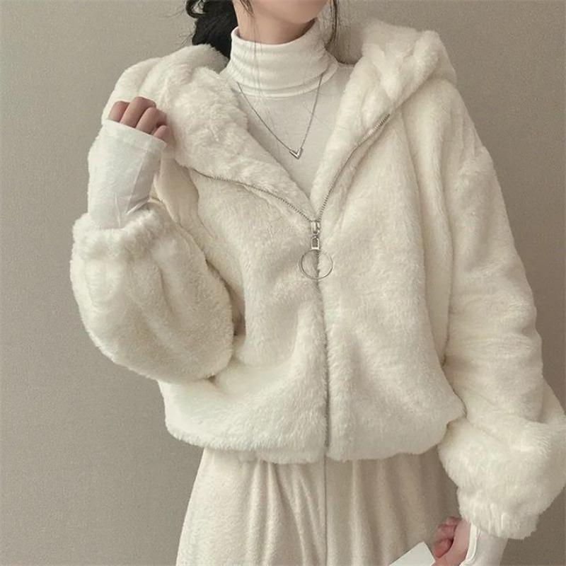 Hooded Plush Thick Section Woolen Jacket Women's Fall and Winter Padded Thickened Zipper Warm Short Coat Cute Fashion
