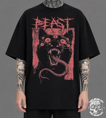 Beast Cat T-Shirt, Gothic Grunge Oversized Black Tee, Multi Eyed Kitty Graphic Shirt, Dark Fantasy Occult Apparel, Y2K Alternative Streetwea