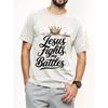 Men'S "Jesus Fights My Battles" Graphic T-Shirt - Short Sleeve Crew Neck, Casual Summer Tee with Crown & Sword Design, Faith-Inspired Everyday Wear