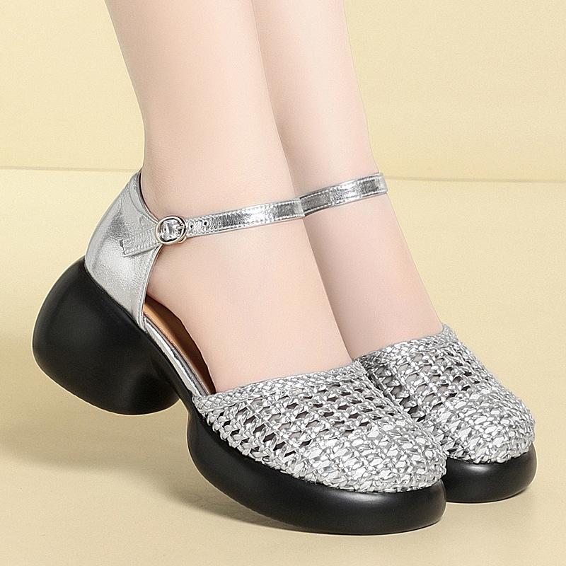 

Туфли с круглым носком и вырезом, сандалии из натуральной кожи, летние 2025, женские сандалии на среднем блочном каблуке для офиса, работы, на каждый день 40 серебряный