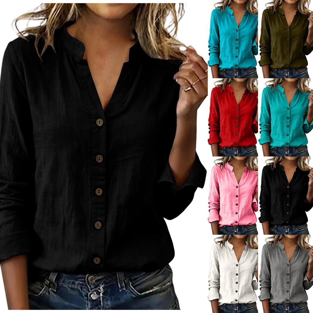 Fashionable Women's Spring/summer Casual Color Long-sleeved Shirt Button-down Top