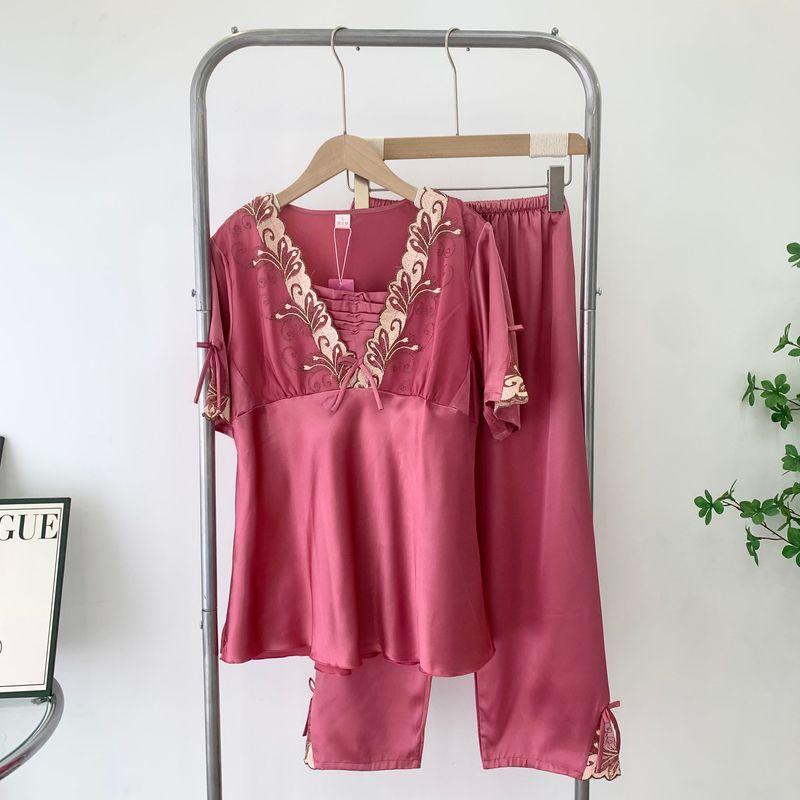 Special Pajama Summer Short Sleeve Trousers Lace Embroidery Nipple Coverage Silk Homewear Two-piece Set Suitable for Daily Wear Suit