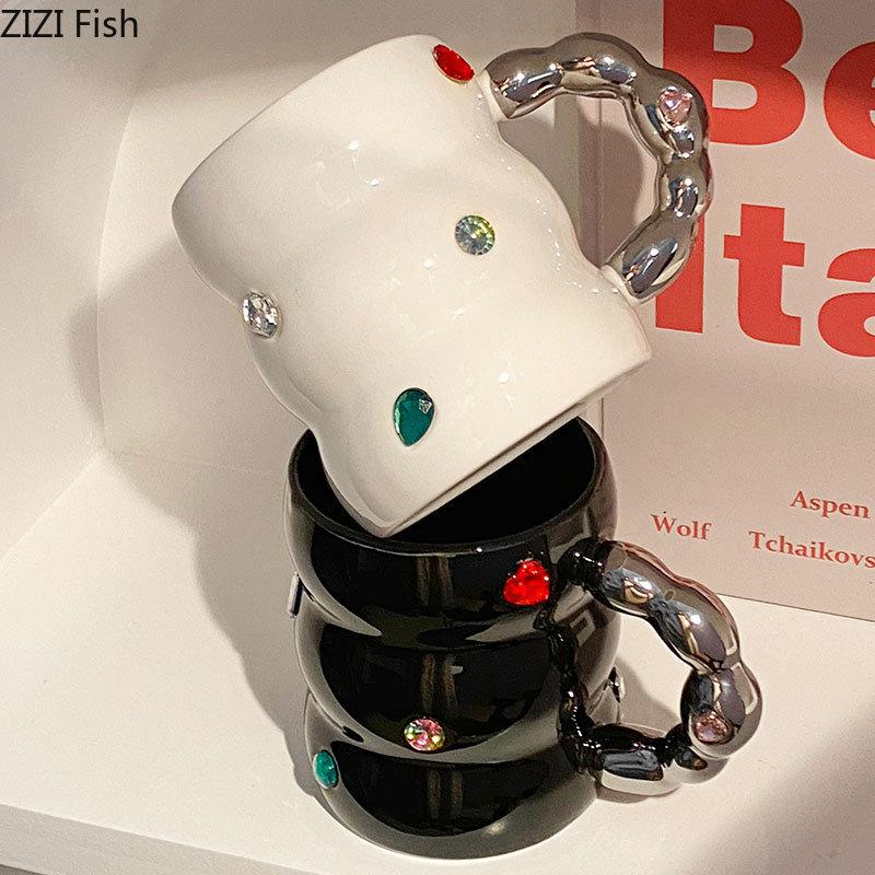 Cupa Creativă cu Gemă pentru Apă, Lux Ușor, Cană Ceramică de Uz Casnic, Cană pentru Cafea pentru Birou, Ceai de După-amiază, Ceașcă pentru Cafea, Ceașcă pentru Lapte pentru Micul Dejun, Set pentru Băut