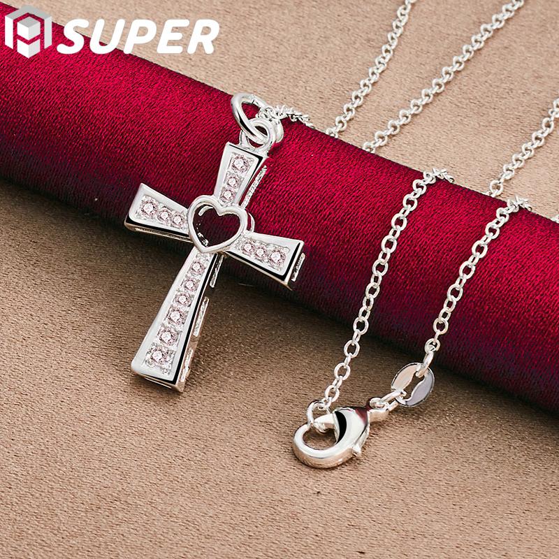 925 Sterling Silver 18 Inch Chain Cross AAA Zircon Heart Necklace Jewelry