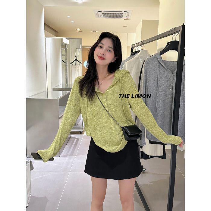 

Korean Slim-Fit Hooded Long Sleeve Casual Top - Trendy Cotton Cashmere Blend Small зелёный