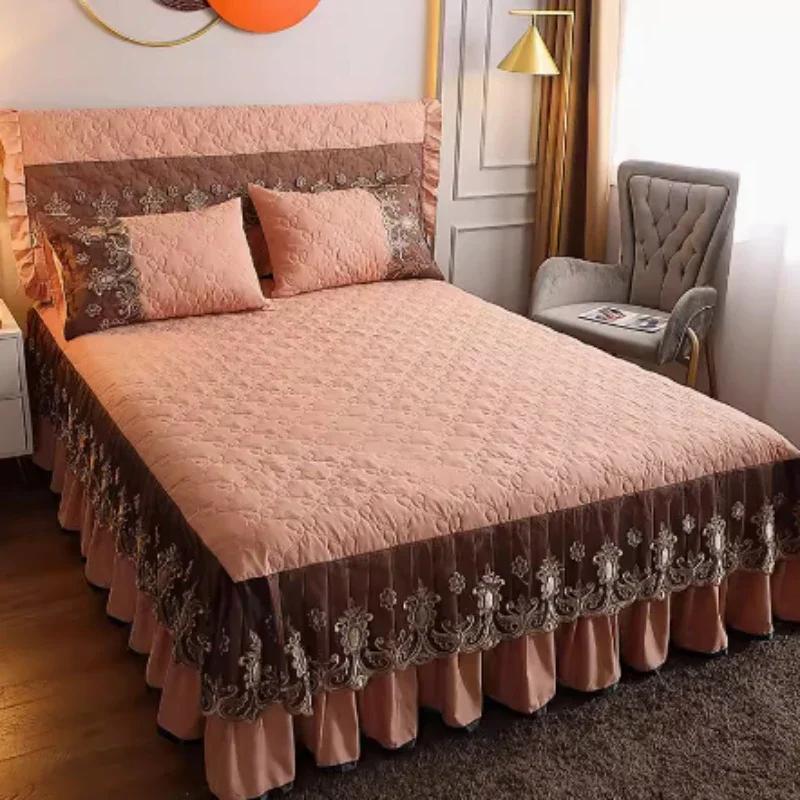 3-Piece Bed Skirt Set Modern Minimalist Lace Dustproof Machine Washable Thickened Bed Covers for Home