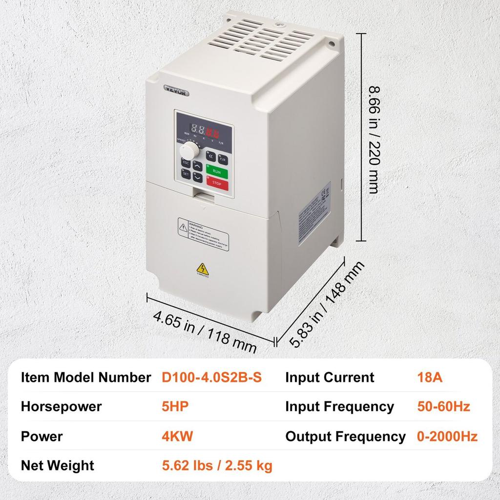 VFD 5HP 4KW 18A 1 or 3 Phase AC 220V Input to 3 Phase AC 0~220V Output