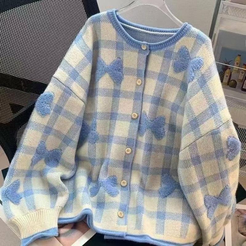 Women Solid Color Bow Plaid Sweater Korean Loose Round Neck Knitted Cardigan Autumn Versatile Lady Single Breasted Coat