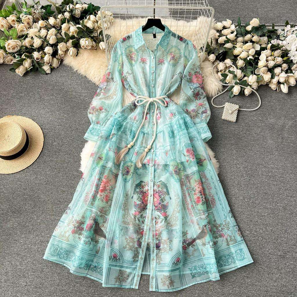 Summer Holiday Beach Long Dress Women's Lapel Long Lantern Sleeve Floral Print Sashes Lace Up Chiffon Loose Dresses