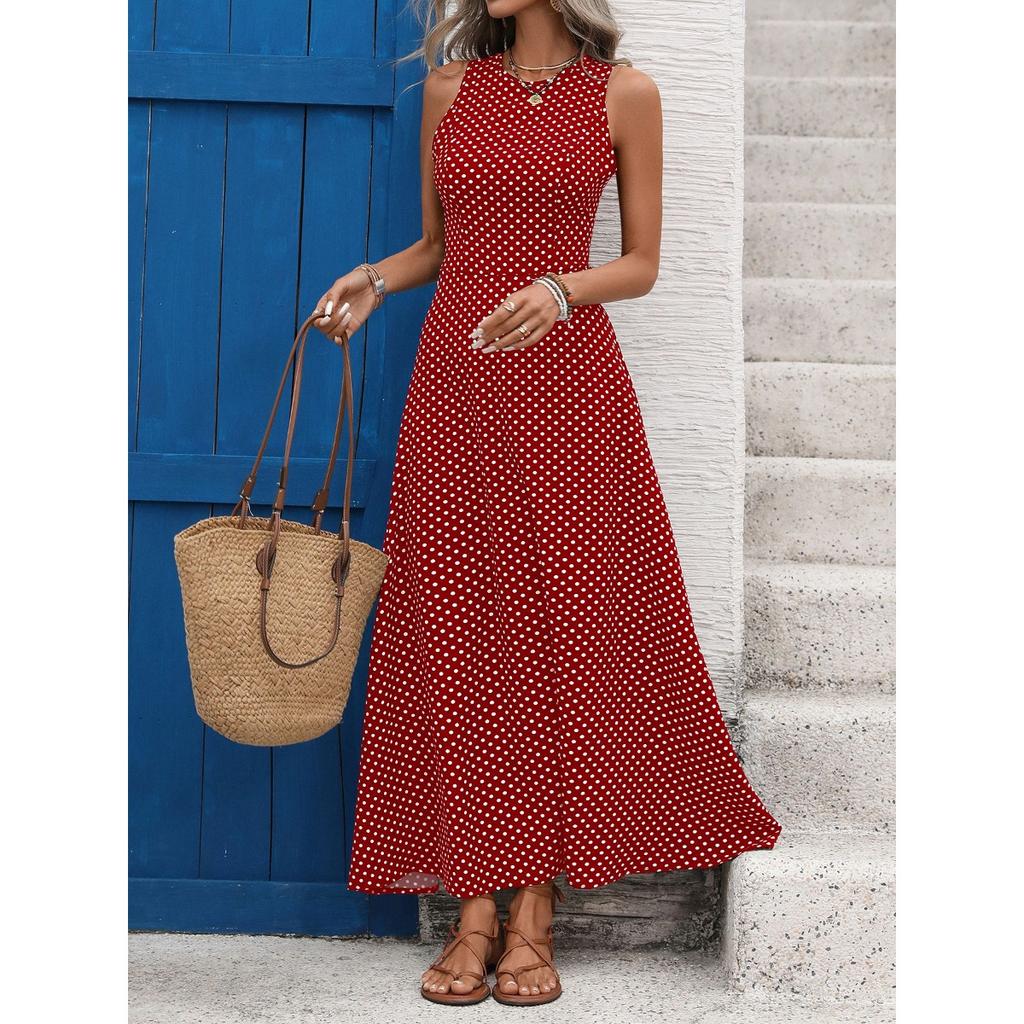 New European American French Vintage Polka Dot Sleeveless Backless Waist Cinched Vacation Dress