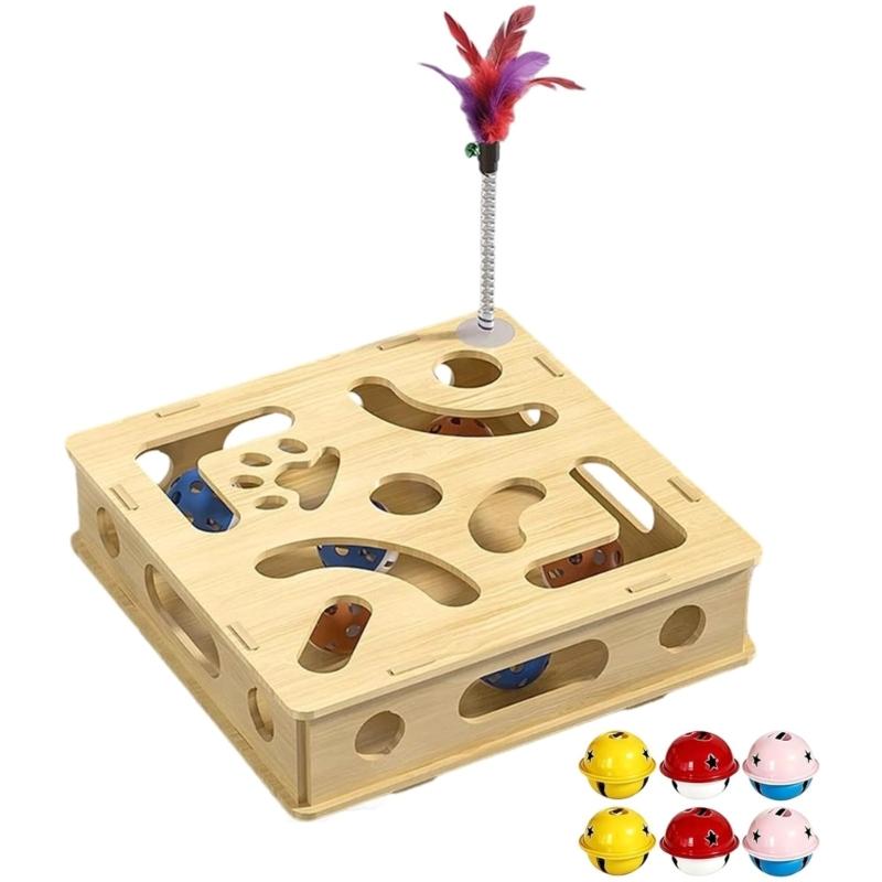 Stable Interactively Wooden Cats Scratching Toy Puzzle Mazes and Bells Ball for Engaging Playing and Natural Claws Care